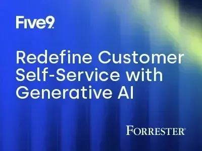 Blue and green abstract background with text about customer self-service and AI.