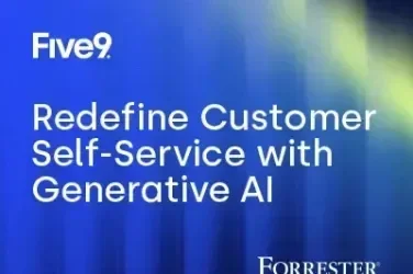 Blue and green abstract background with text about customer self-service and AI.